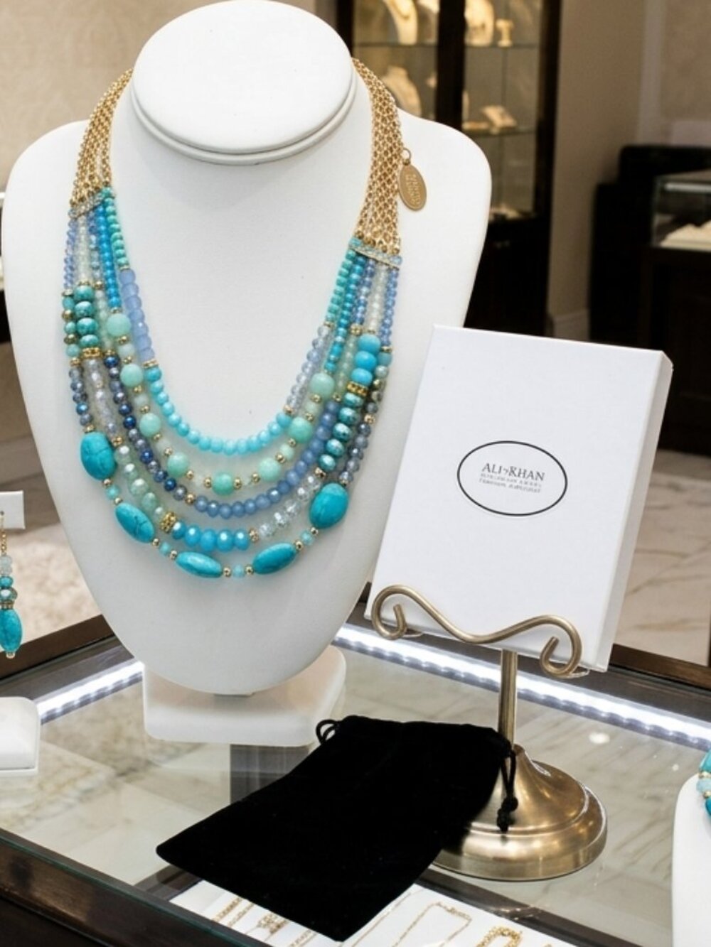 Ali khan 5 strand blue glass beaded necklace with gift box
